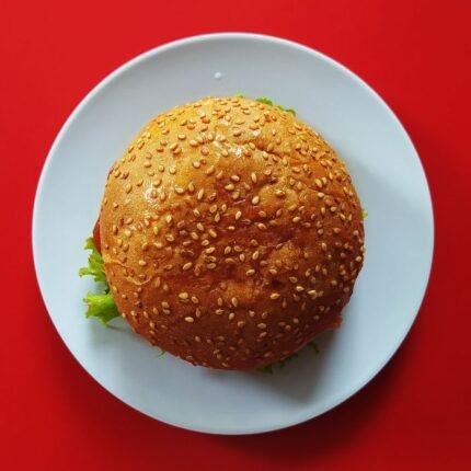 Appetizing hamburger with sesame seed bun on white plate against red backdrop.