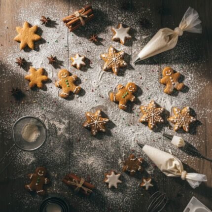 Top view of gingerbread cookies, icing, and spices, perfect for a festive holiday theme.